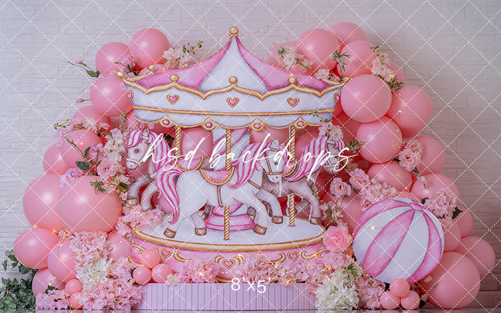 Pink Carousel Birthday Photography Backdrop – Whimsical Cake Smash Scene | HSD Backdrops