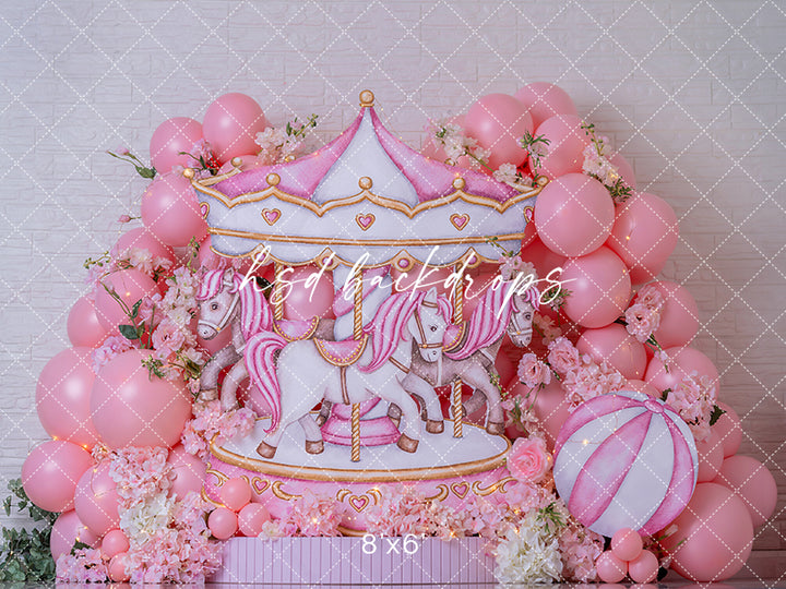 Pink Carousel Birthday Photography Backdrop – Whimsical Cake Smash Scene | HSD Backdrops