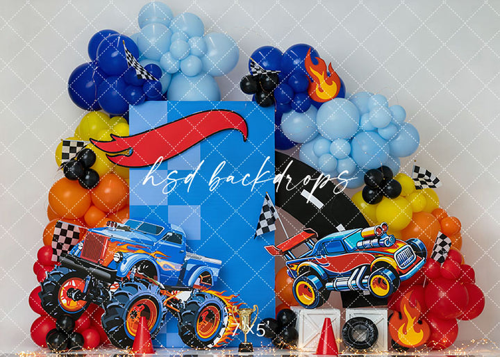 Monster Truck Birthday Photography Backdrop – Race Car Cake Smash Scene | HSD Backdrops