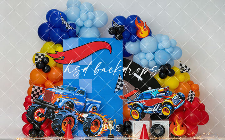 Monster Truck Birthday Photography Backdrop – Race Car Cake Smash Scene | HSD Backdrops