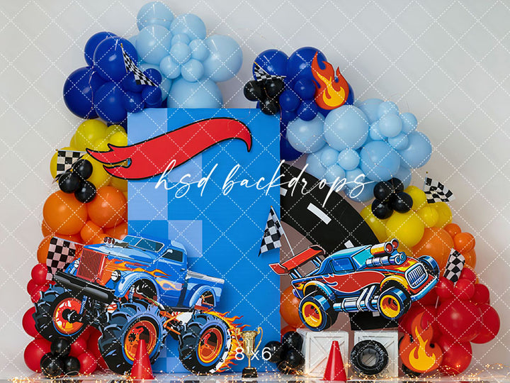 Monster Truck Birthday Photography Backdrop – Race Car Cake Smash Scene | HSD Backdrops