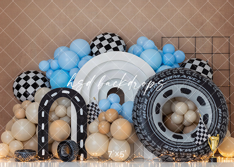 Victory Lap Race Car Photography Backdrop – Blue Balloon Birthday Scene | HSD Backdrops