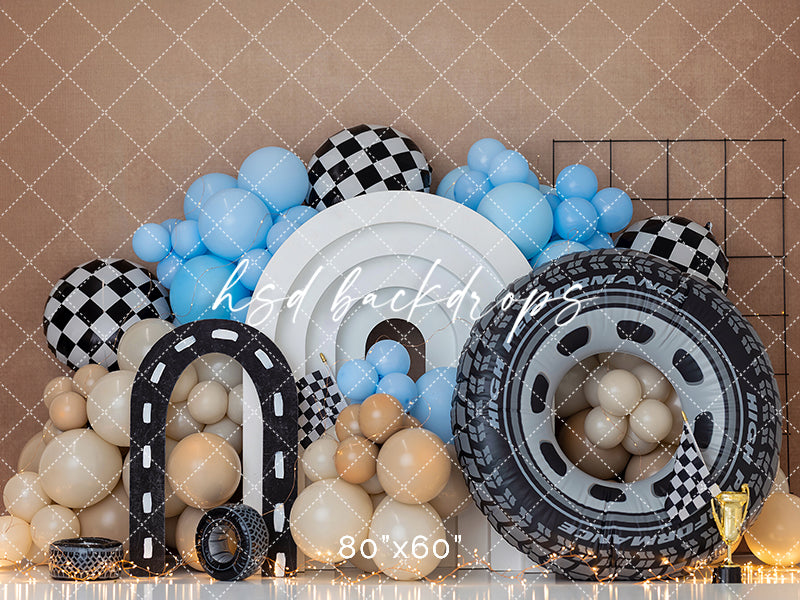 Victory Lap Race Car Photography Backdrop – Blue Balloon Birthday Scene | HSD Backdrops
