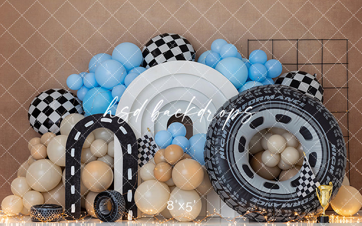 Victory Lap Race Car Photography Backdrop – Blue Balloon Birthday Scene | HSD Backdrops