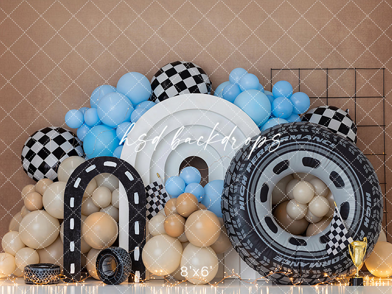 Victory Lap Race Car Photography Backdrop – Blue Balloon Birthday Scene | HSD Backdrops
