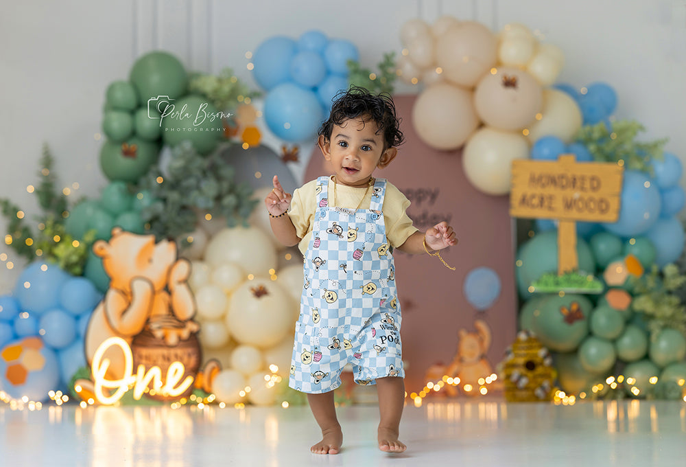 Honey Bear Birthday photography backdrop with pastel balloon garlands, honeycomb accents, bear details, woodland greenery, honey jars, and soft cake smash birthday styling.