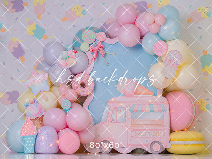 Sweet Treats Ice Cream Truck Photography Backdrop – Pastel Cake Smash Scene | HSD Backdrops