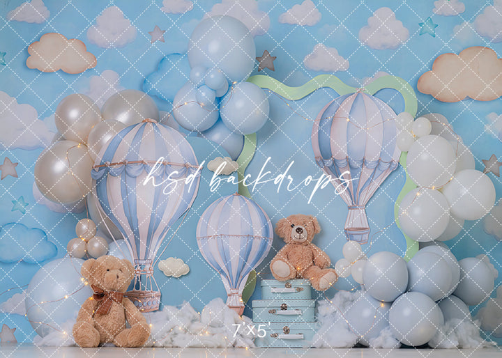 Sky High Teddy Bear Photography Backdrop – Pastel Hot Air Balloon Portrait Scene | HSD Backdrops
