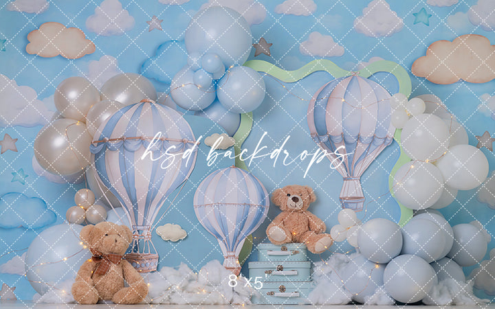 Sky High Teddy Bear Photography Backdrop – Pastel Hot Air Balloon Portrait Scene | HSD Backdrops