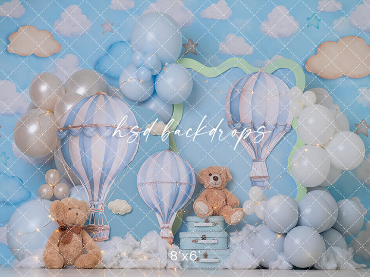 Sky High Teddy Bear Photography Backdrop – Pastel Hot Air Balloon Portrait Scene | HSD Backdrops