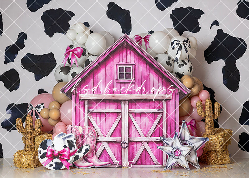 Pink Cowgirl Barn Cake Smash Backdrop – Western Birthday Studio Scene | HSD Backdrops