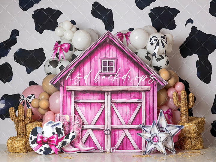 Pink Cowgirl Barn Cake Smash Backdrop – Western Birthday Studio Scene | HSD Backdrops