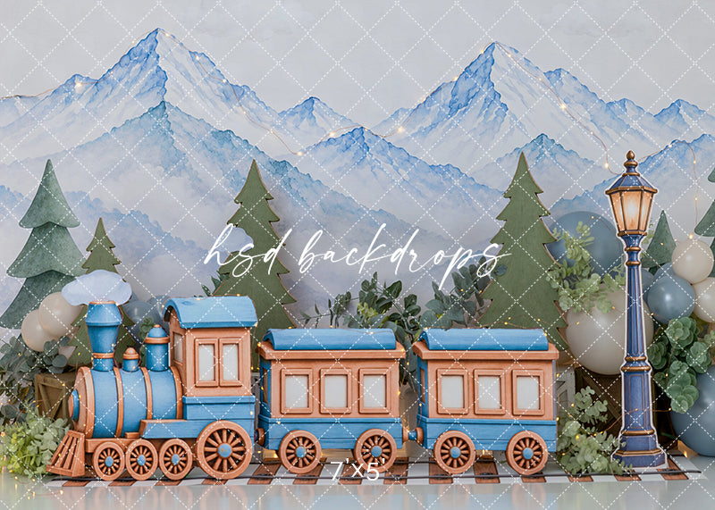 Alpine Adventure Train Photography Backdrop – Whimsical Winter Portrait Scene | HSD Backdrops