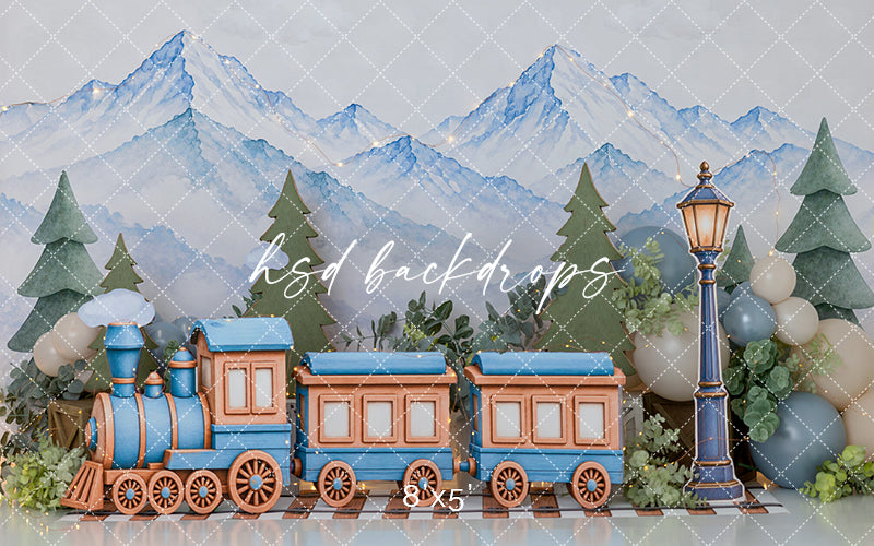 Alpine Adventure Train Photography Backdrop – Whimsical Winter Portrait Scene | HSD Backdrops