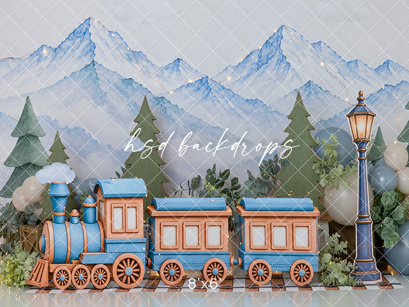 Alpine Adventure Train Photography Backdrop – Whimsical Winter Portrait Scene | HSD Backdrops
