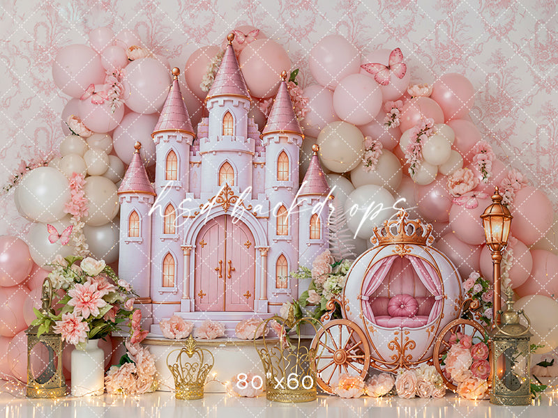 Cinderella's Pink Castle photography backdrop featuring a magical pastel pink princess castle with elegant turrets, an ornate pink and gold royal carriage, blush and ivory balloon garlands, romantic pink roses, delicate butterflies, decorative crowns, and glowing lanterns for fairytale birthday and cake smash portraits.