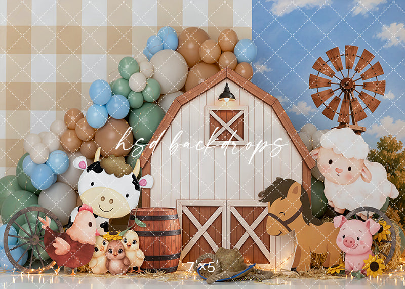 Little Farm Friends Photography Backdrop – Barnyard Birthday Cake Smash Scene | HSD Backdrops