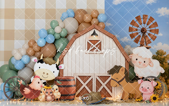 Little Farm Friends Photography Backdrop – Barnyard Birthday Cake Smash Scene | HSD Backdrops