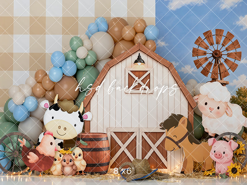 Little Farm Friends Photography Backdrop – Barnyard Birthday Cake Smash Scene | HSD Backdrops