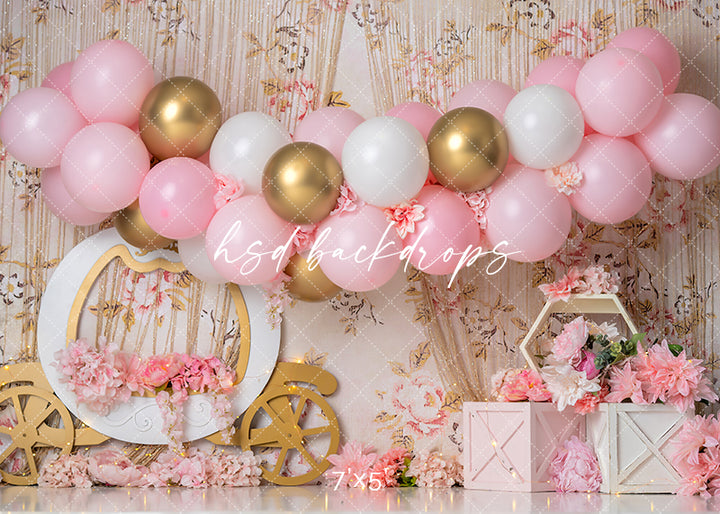 Pink and Gold Princess Carriage Backdrop for Birthday Cake Smash Photo