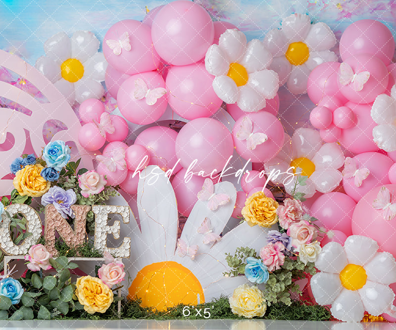 Daisy Birthday Cake Smash Photo Backdrop with Balloons and Butterflies