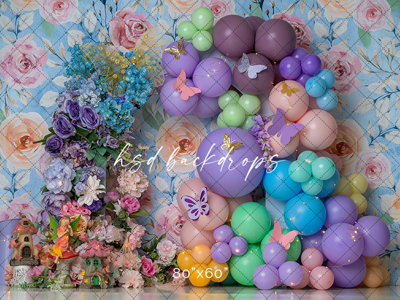 Balloons & Blooms Arch Cake Smash Birthday Photography Backdrop 