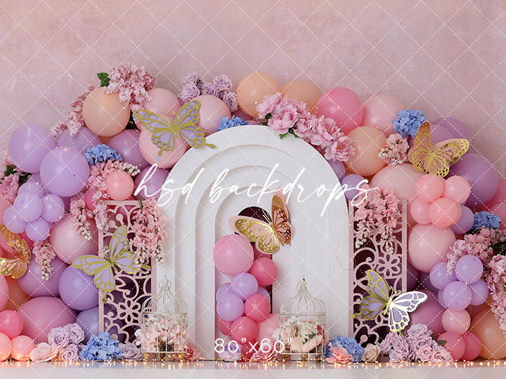 Butterflies & Balloons Cake Smash Birthday Backdrop for Photography 