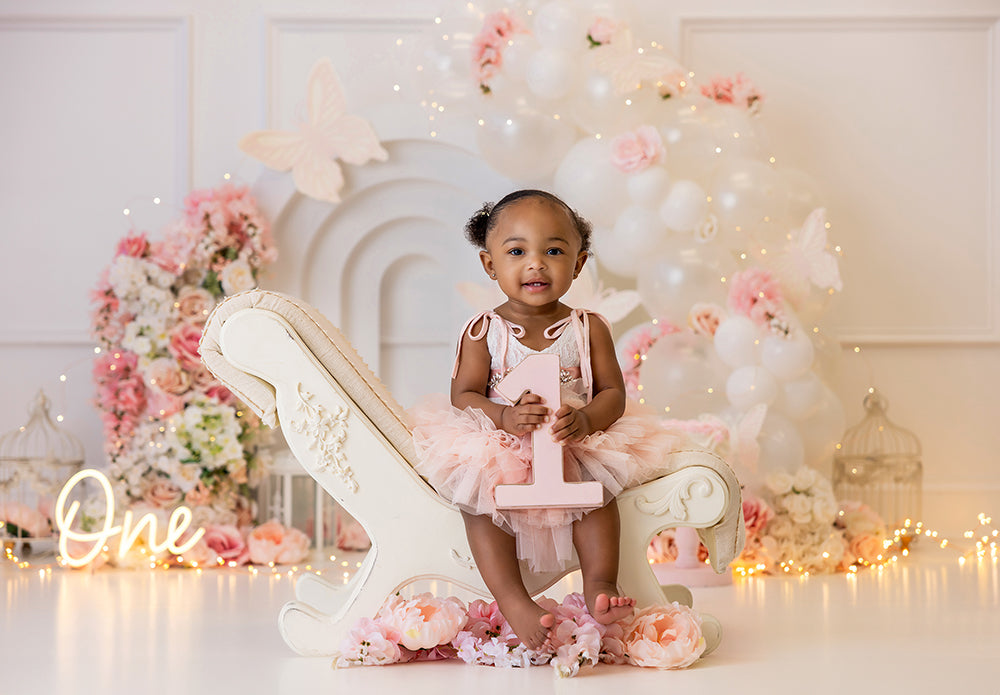 Pink and White Butterfly Cake Smash Birthday Backdrop for Photography