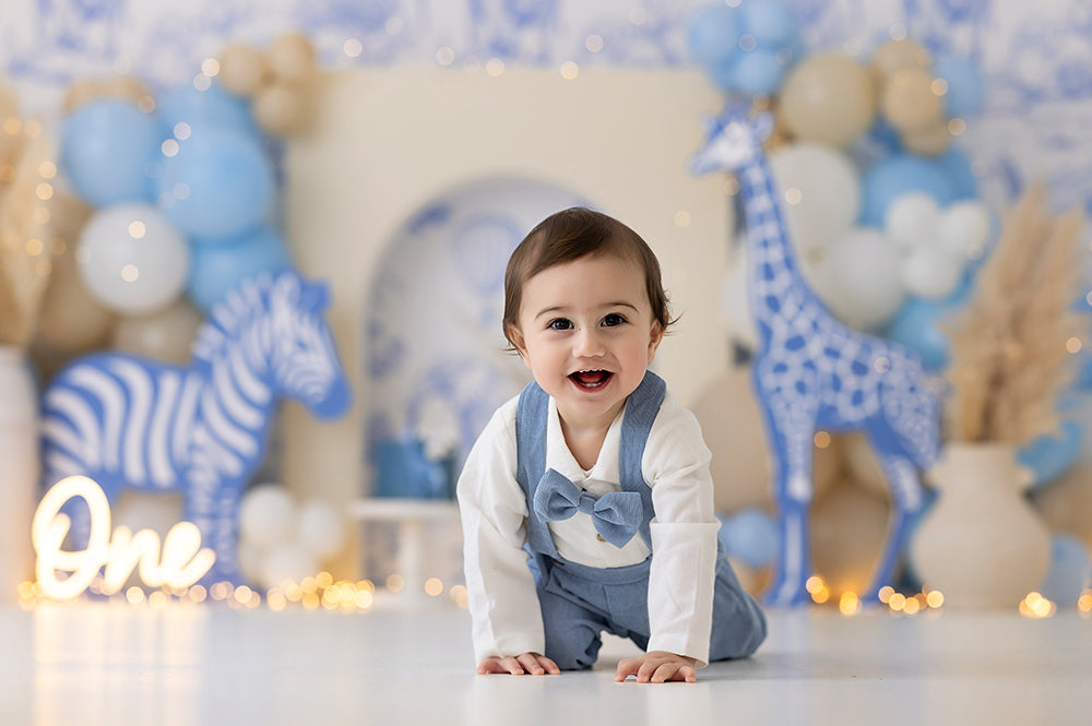 Boho Blue Safari Cake Smash Boy Birthday Photography Backdrop