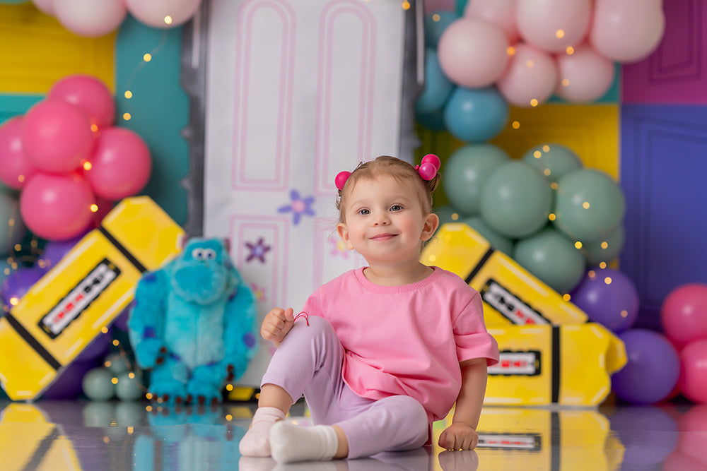 Scare Factory Door Cake Smash 1st Birthday Photo Backdrop Girl