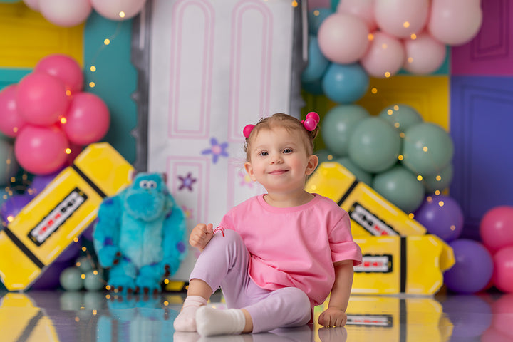 Scare Factory Door Cake Smash 1st Birthday Photo Backdrop Girl