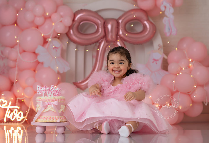 Two Cute Coquette Pink Bow Cake Smash 1st Birthday Photo Backdrop