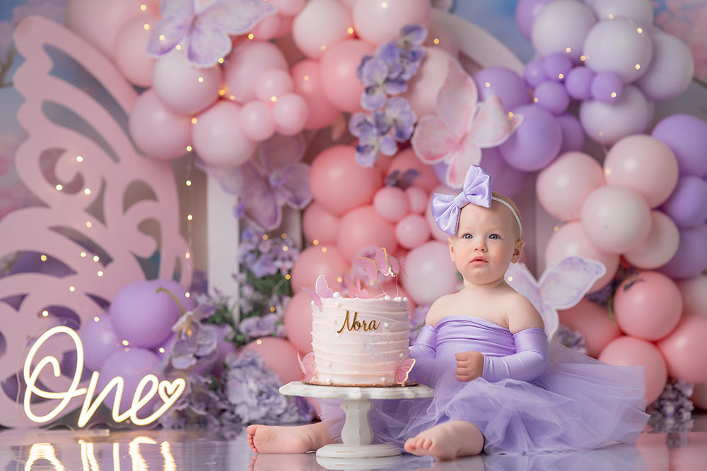 Floral & Flutter Cake Butterfly First Birthday Photography Backdrop 
