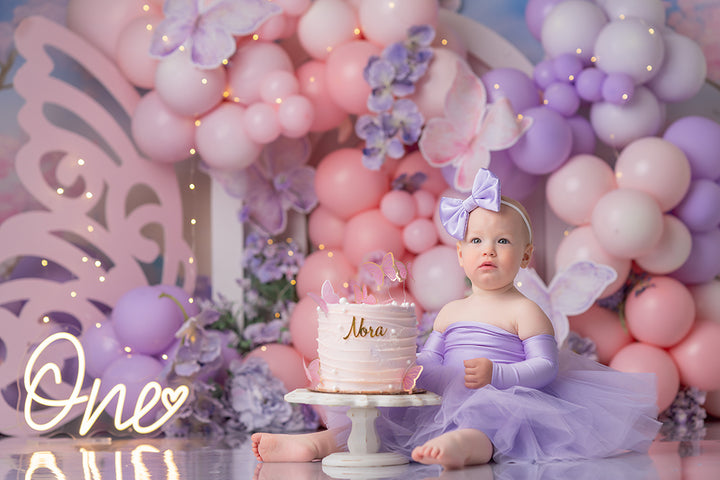 Floral & Flutter Cake Butterfly First Birthday Photography Backdrop 