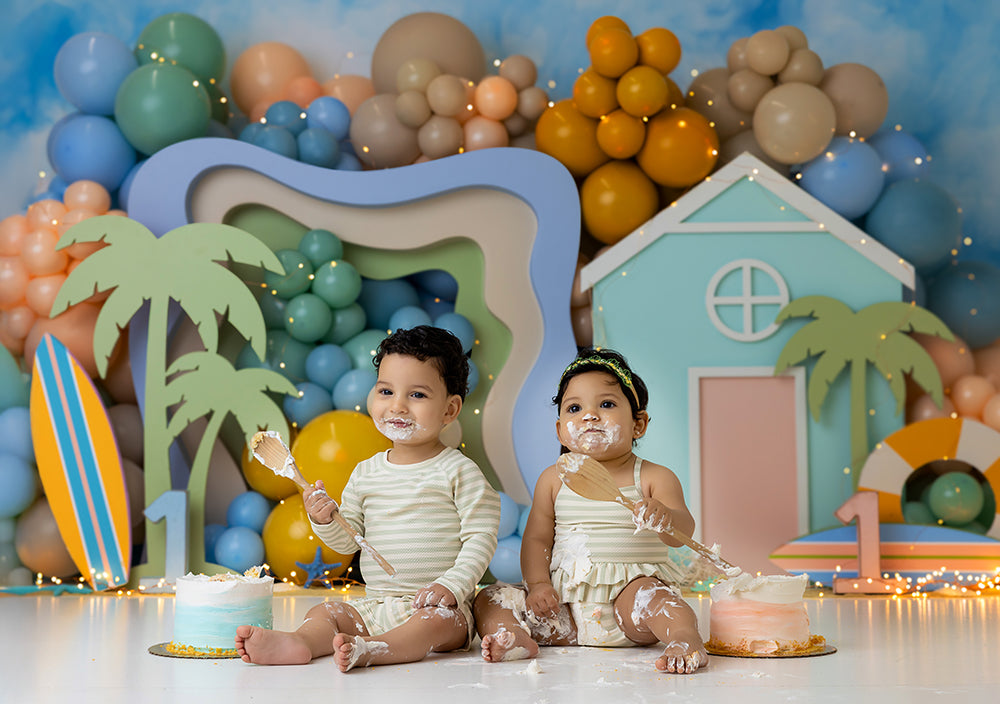 Beach Club House Summer Twins Cake Smash Birthday Backdrop