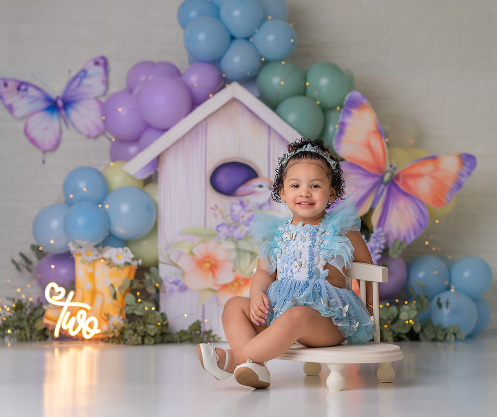 Spring Butterfly Cottage Cake Smash Girl Backdrop