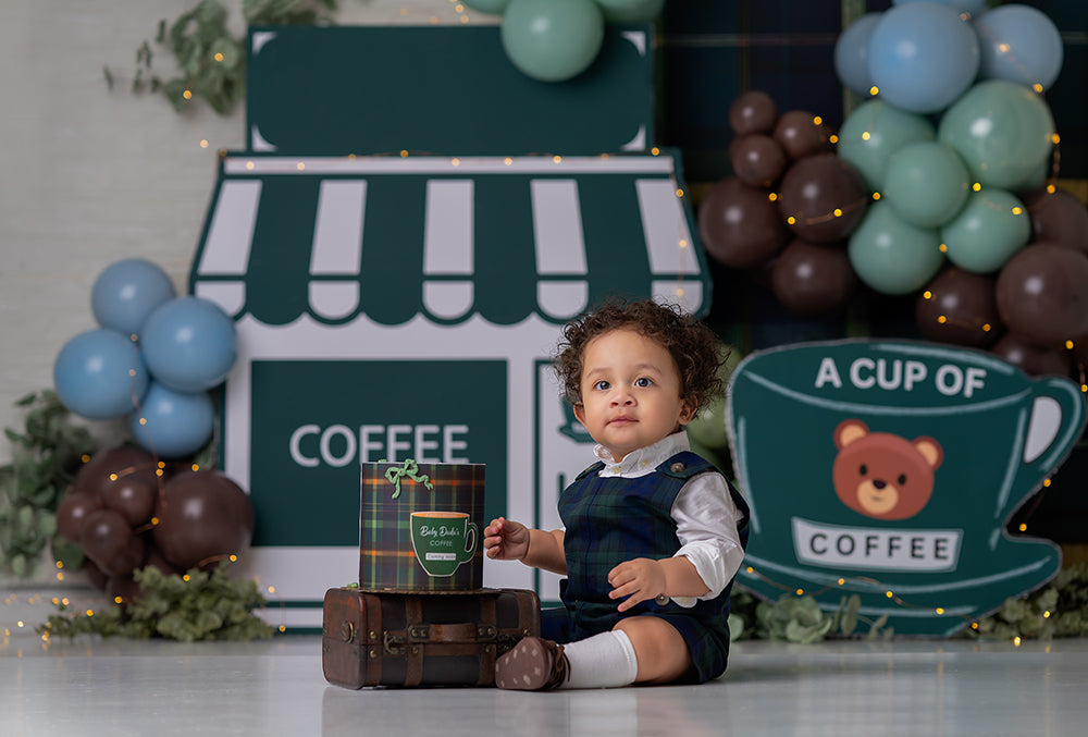 Snuggle Sips coffee theme cake smash first birthday photo backdrop