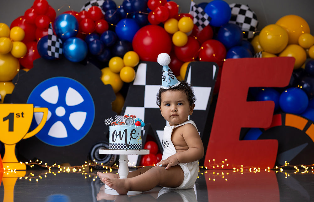 Fast one racing theme first birthday cake smash photography backdrop