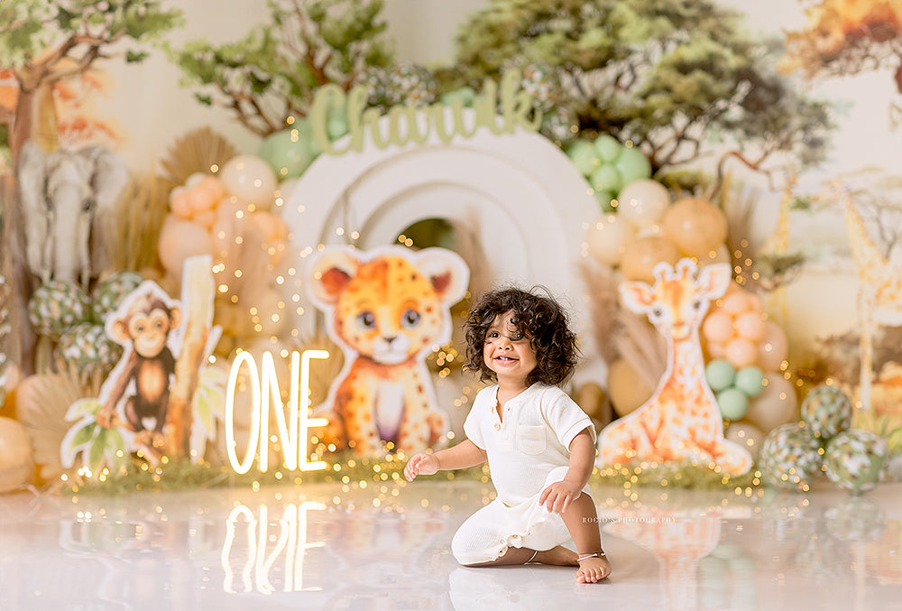 Birthday Safari animals cake smash first birthday backdrop for boys
