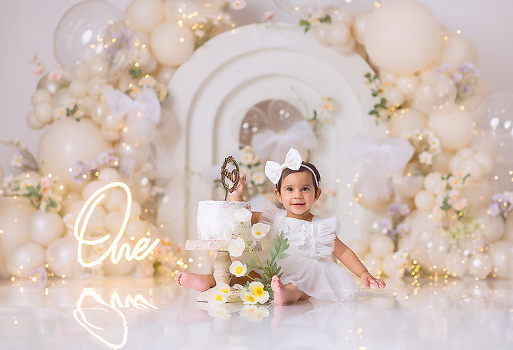 Bows and Blooms white and cream cake smash 1st birthday backdrop