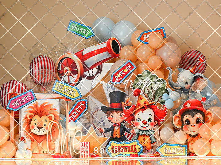Big Top Bash circus-themed cake smash backdrop with clown, lion, balloons, and carnival signs