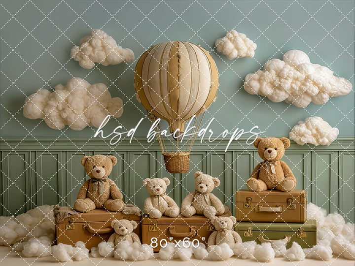 Teddy bear hot air balloon photo backdrop with vintage suitcases and clouds