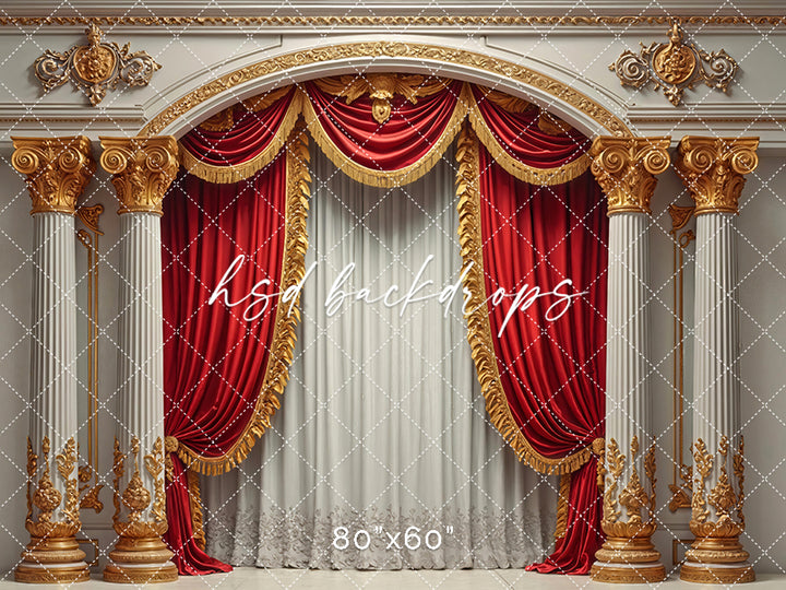 Regal red and gold curtain photography backdrop with ornate columns and vintage stage design.