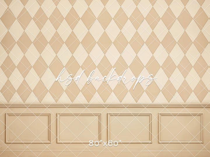 Classic cream harlequin wall backdrop with beige diamond pattern and wainscoting detail.