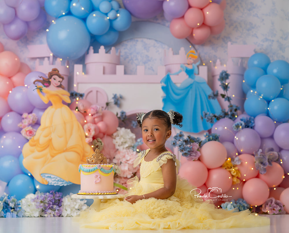 Enchanted Pastel Palace backdrop with pink castle, pastel balloons, and flowers.