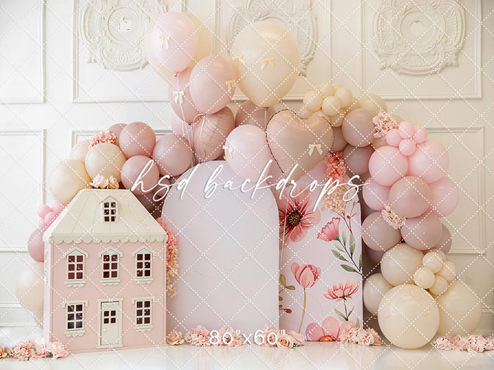 Pretty in Blush – Floral Dollhouse Cake Smash Backdrop