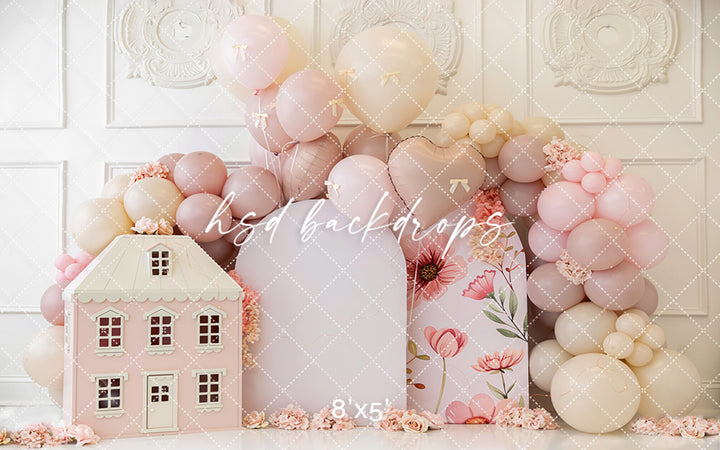Pretty in Blush – Floral Dollhouse Cake Smash Backdrop