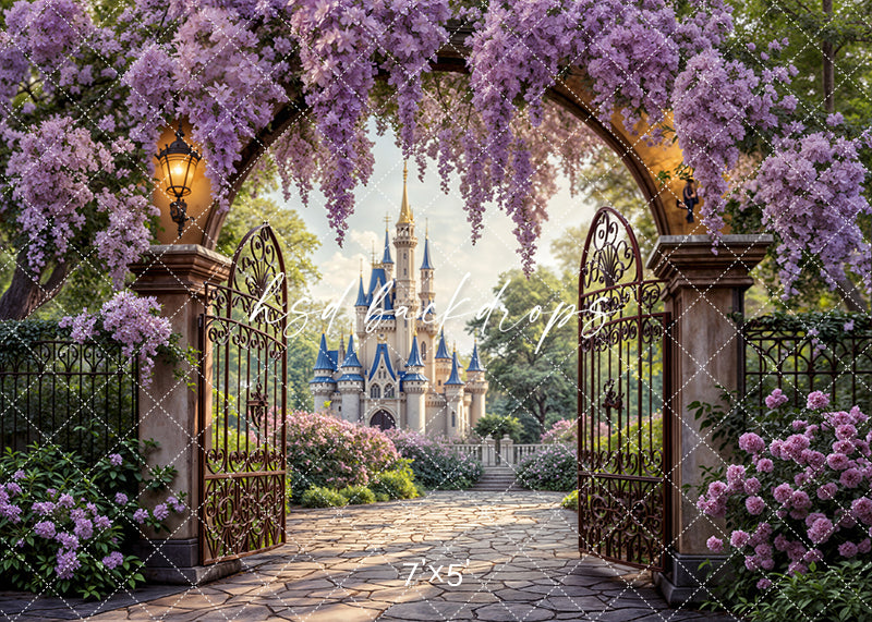 Wisteria Castle Gate backdrop with lavender flowers, castle, and stone path