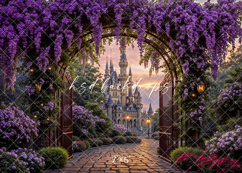 Enchanted Wisteria Castle backdrop with purple flowers, lanterns, and castle path