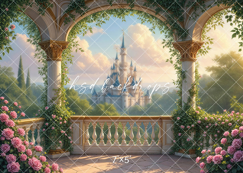 Enchanted Princess Balcony backdrop with roses, stone arches, and castle view